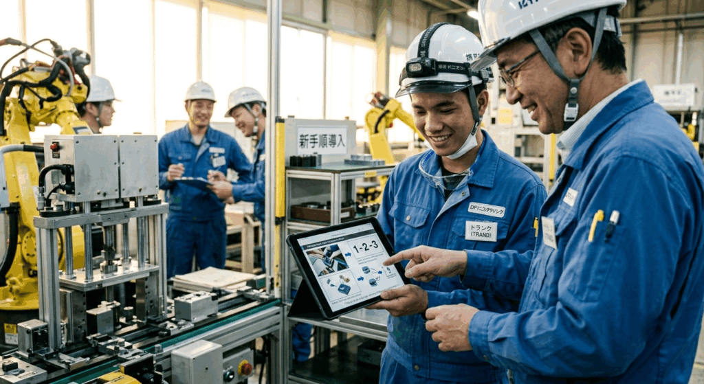 タブレットの動画マニュアル（視覚的オンボーディング）を活用し、日本人リーダーのサポートを受けながら笑顔で業務を理解する外国人スタッフ
