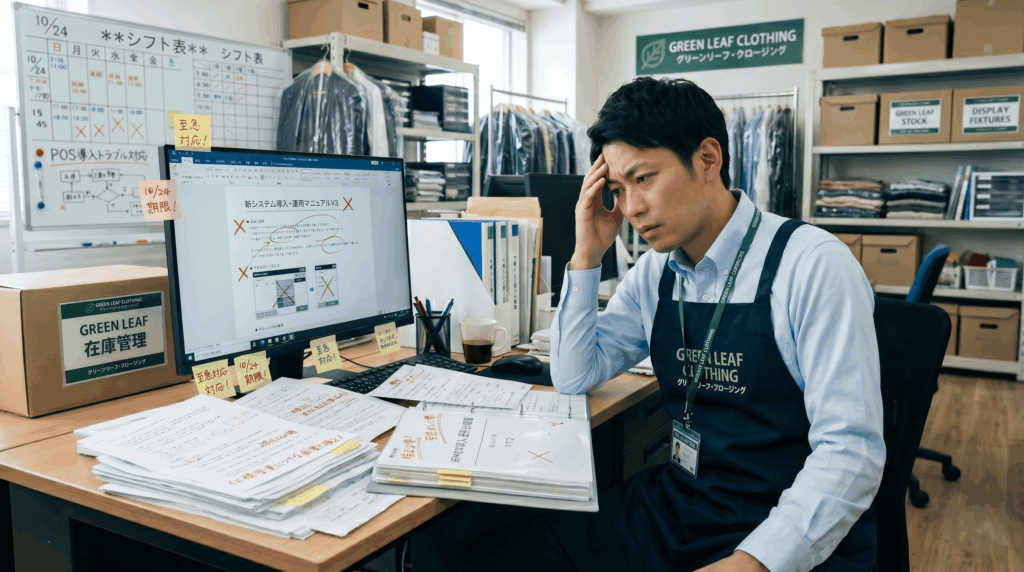 大量のプリント用紙と分厚い仕様書を前に、PCでPOSレジの操作マニュアル作成作業に追われる多忙な店舗責任者