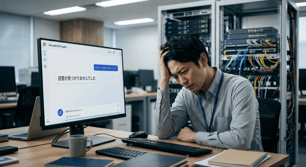 Copilotが回答できず頭を抱える情シス・ヘルプデスク担当者のイメージ