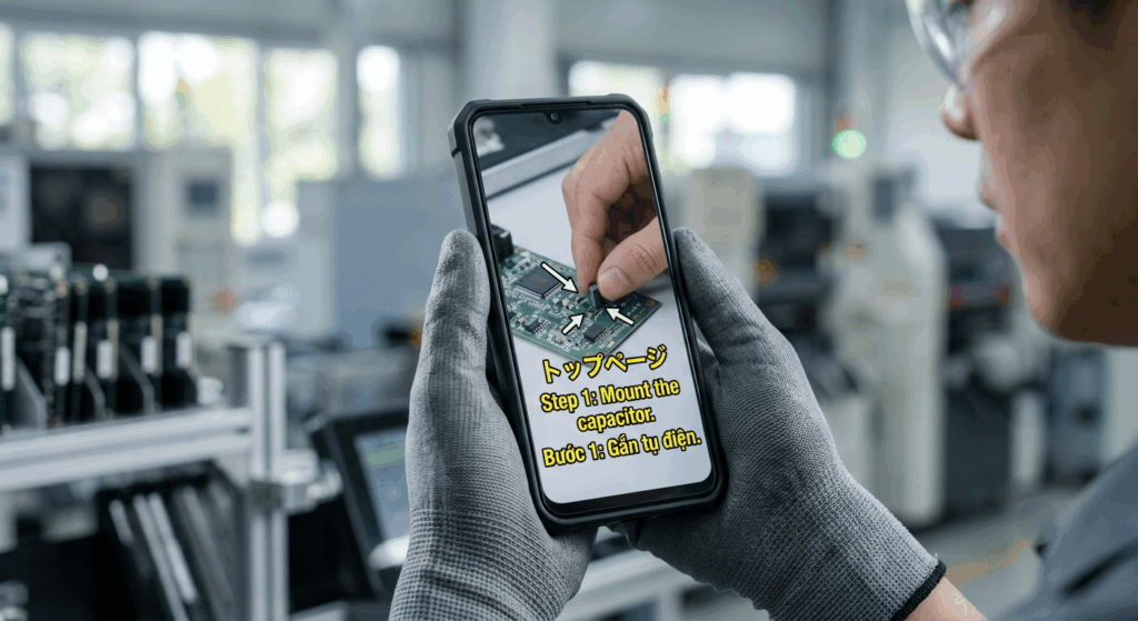 スマートフォンの画面に表示された、多言語（日本語・英語・ベトナム語）の字幕付き動画マニュアルの操作イメージ