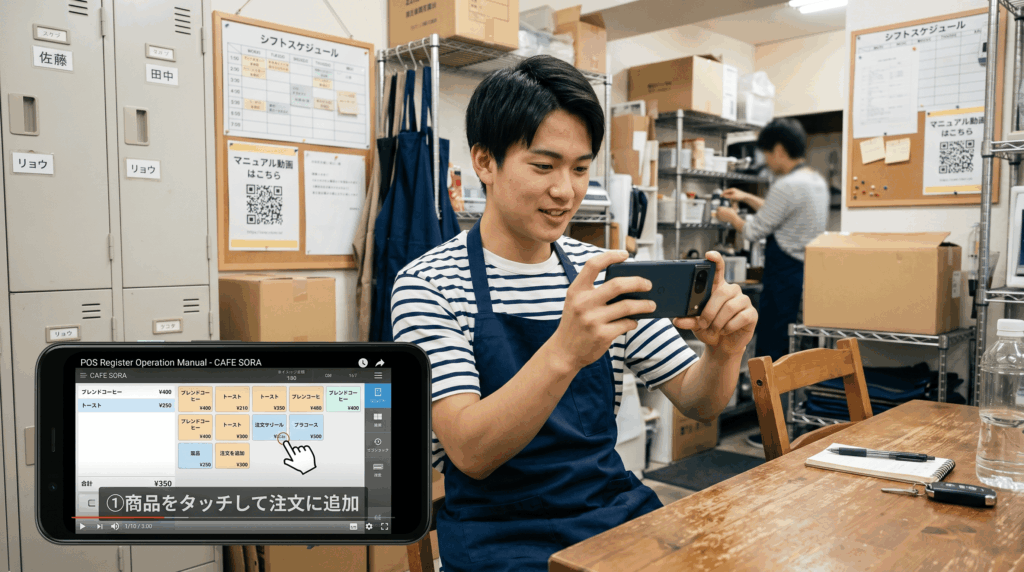 店舗のバックヤードで、スマートフォンを使って動画マニュアルを視聴し自習する新人スタッフ